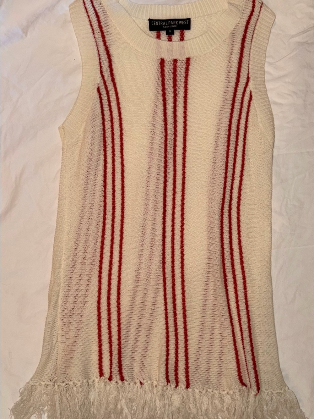 Central Park West Cream Knit Tank with Red Vertical Stripes